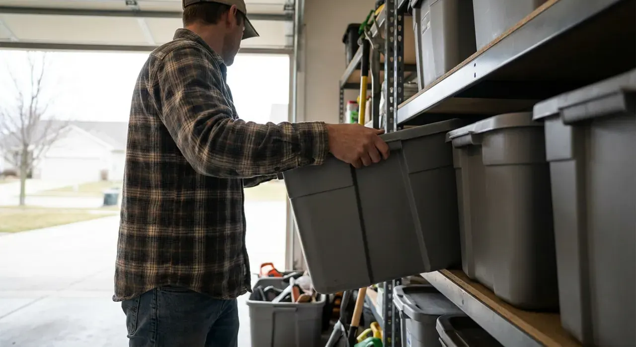 Low-angle view of a person stacking plain unmarked storage bins on garage shelving, in soft overcast light