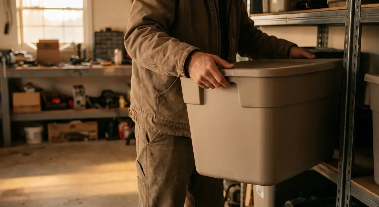 Golden-hour view of a person stacking plain unmarked storage bins on garage shelving