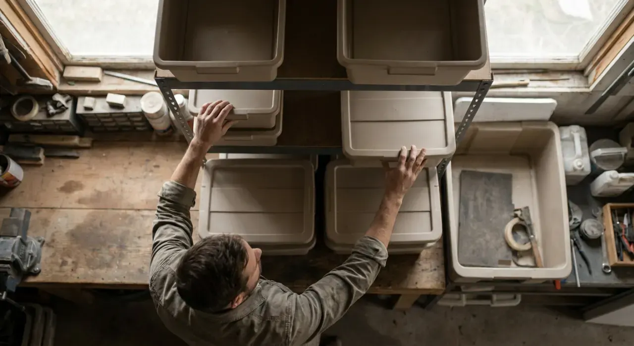 Overhead view of a person stacking plain unmarked storage bins on garage shelving, in soft overcast light