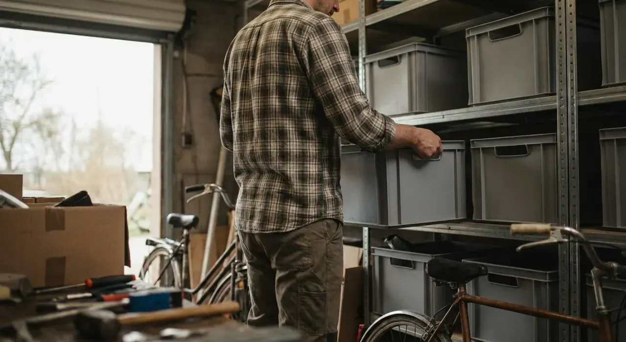 Wide environmental view of a person stacking plain unmarked storage bins on garage shelving, in soft overcast light