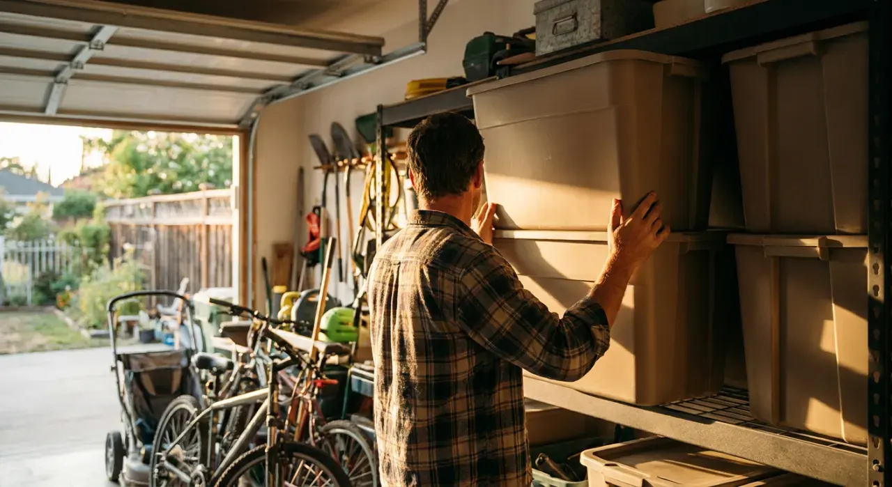 Wide view of a person stacking plain unmarked storage bins on garage shelving, in warm late-afternoon light
