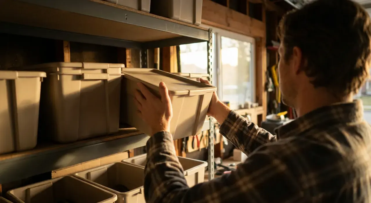 Over-the-shoulder view of a person stacking plain unmarked storage bins on garage shelving, in warm late-afternoon light