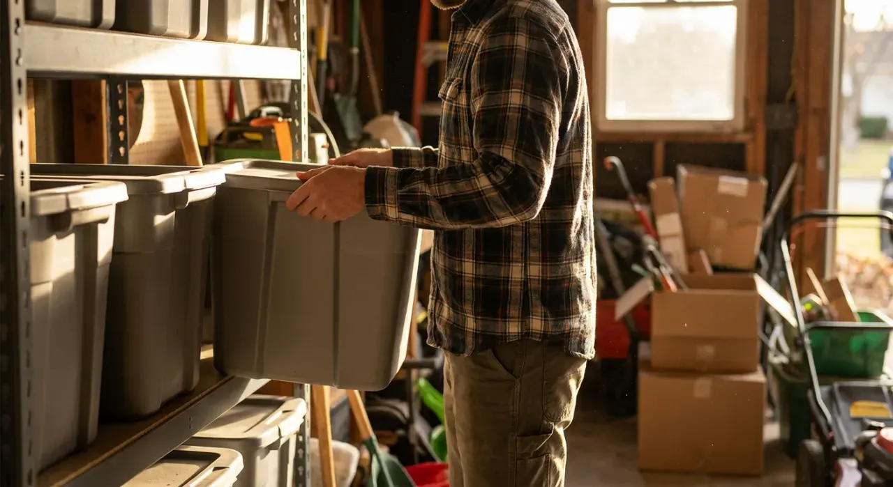 Three-quarter view of a person stacking plain unmarked storage bins on garage shelving, in warm late-afternoon light