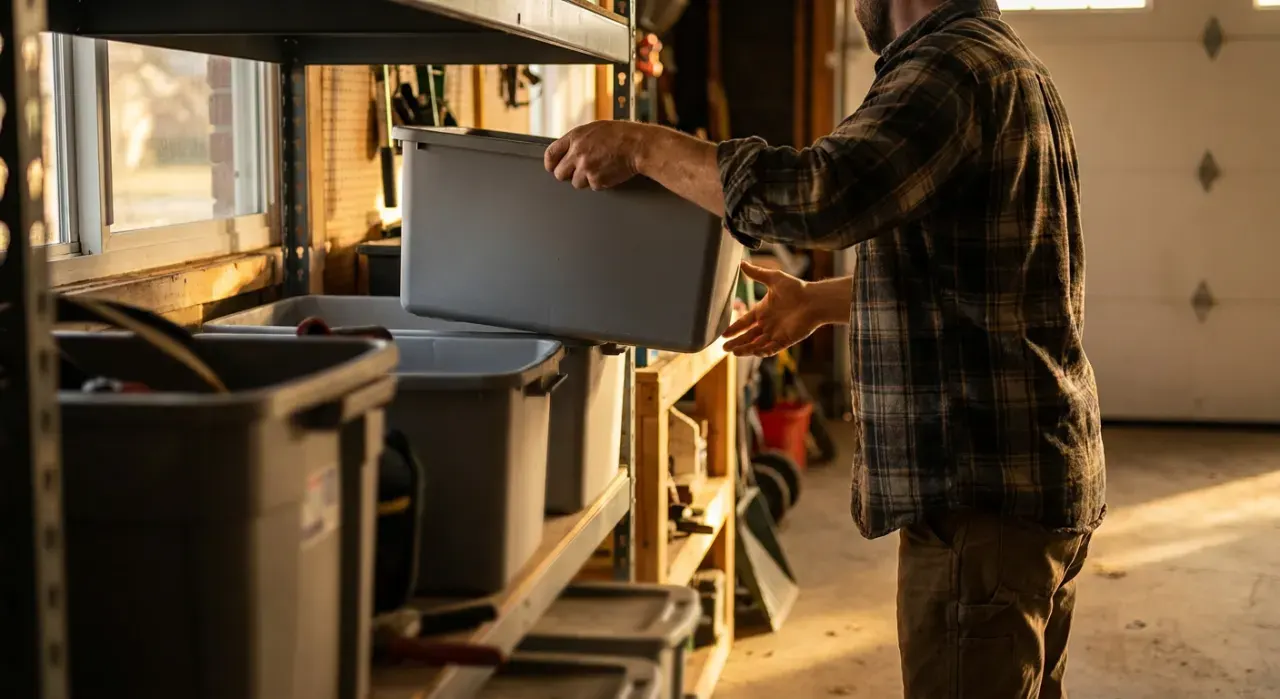 Low-angle view of a person stacking plain unmarked storage bins on garage shelving, in warm late-afternoon light