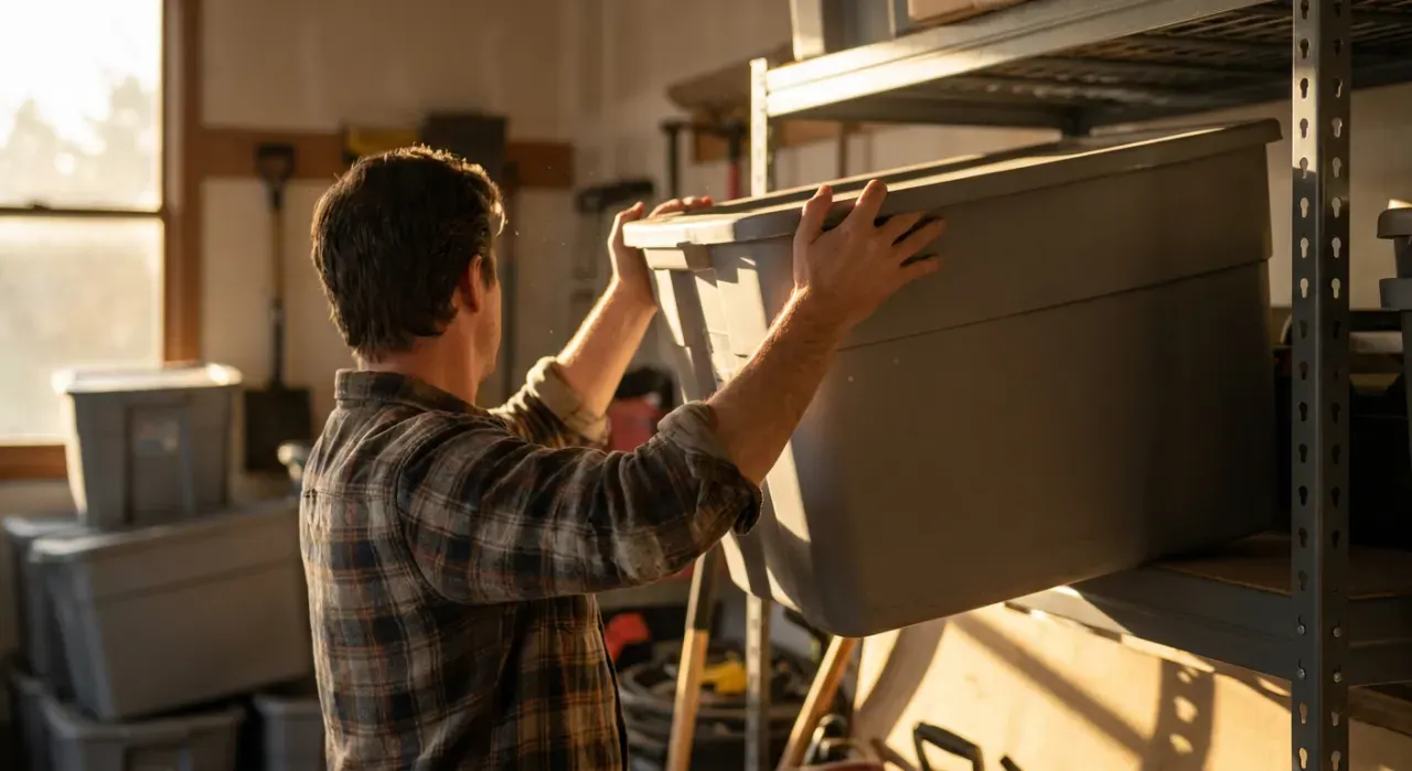 Golden-hour view of a person stacking plain unmarked storage bins on garage shelving