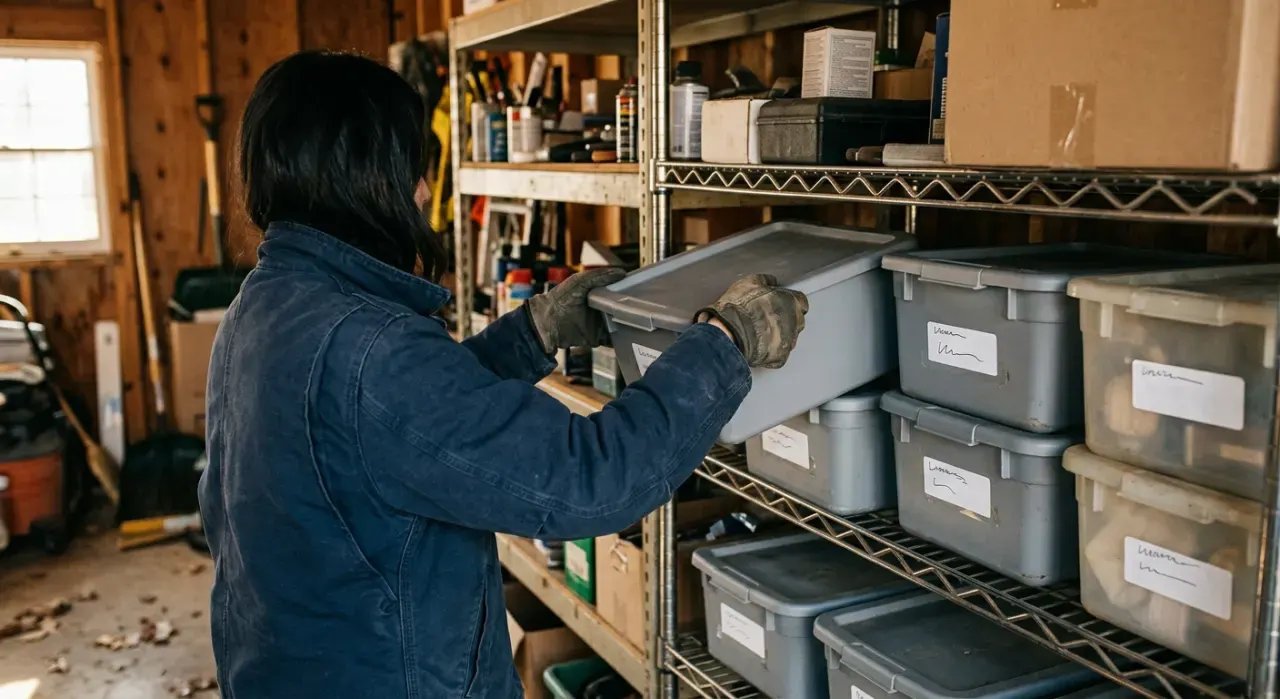 Three-quarter view of a person stacking plain unmarked storage bins on garage shelving, in soft early-morning light