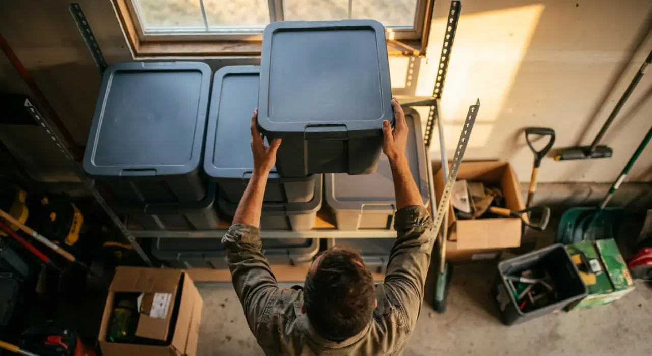 Overhead view of a person stacking plain unmarked storage bins on garage shelving, in warm late-afternoon light