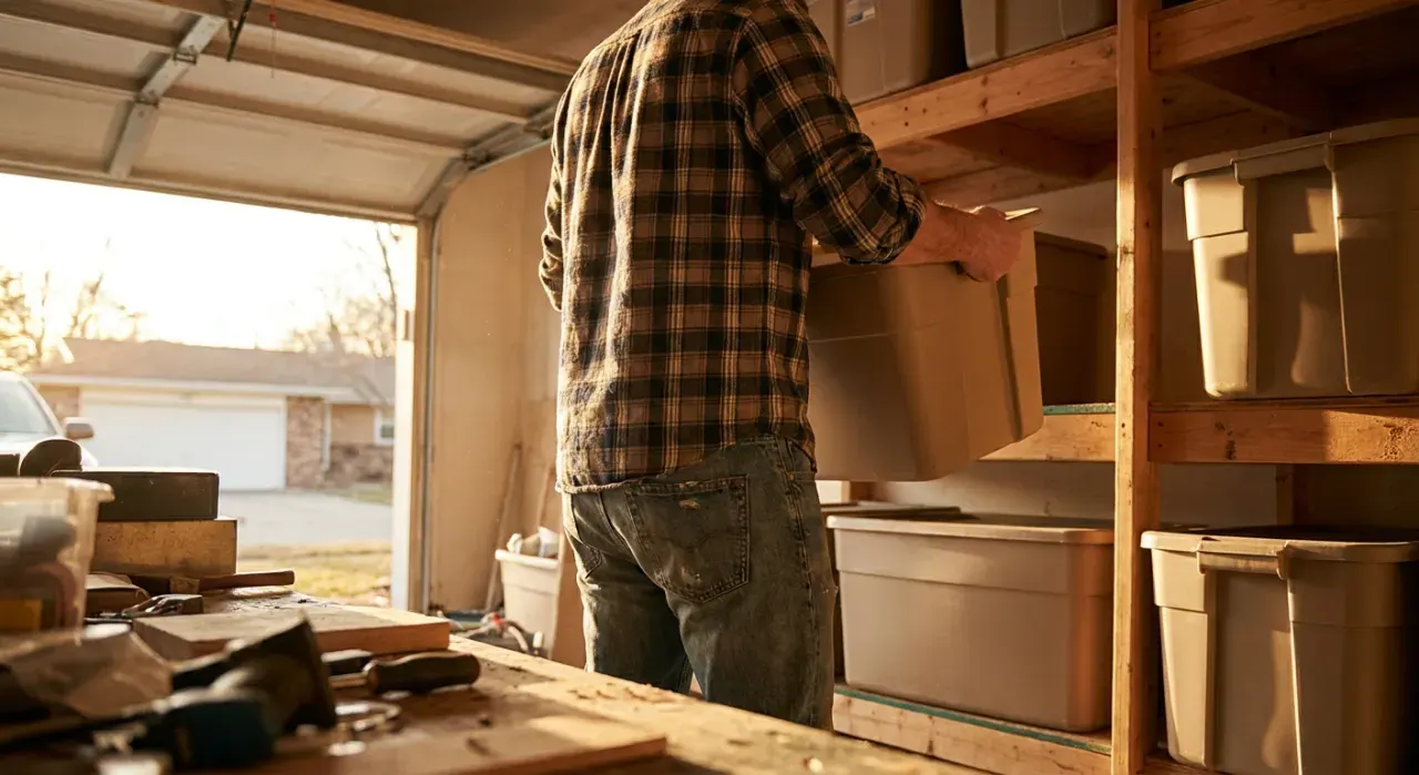 Wide environmental view of a person stacking plain unmarked storage bins on garage shelving, in warm late-afternoon light