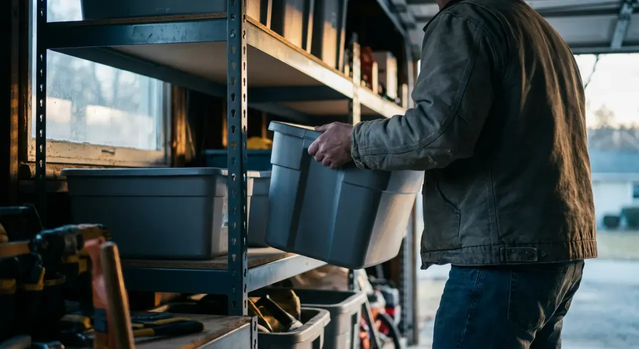 Low-angle view of a person stacking plain unmarked storage bins on garage shelving, in soft early-morning light