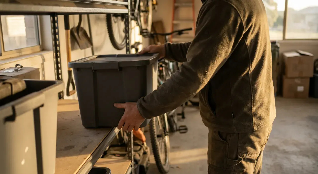Golden-hour view of a person stacking plain unmarked storage bins on garage shelving