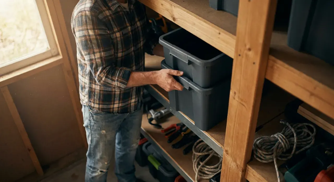 Overhead view of a person stacking plain unmarked storage bins on garage shelving, in soft early-morning light