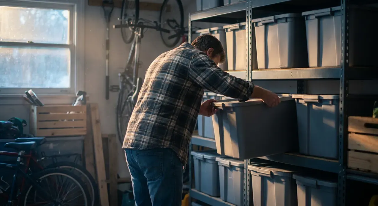 Wide environmental view of a person stacking plain unmarked storage bins on garage shelving, in soft early-morning light