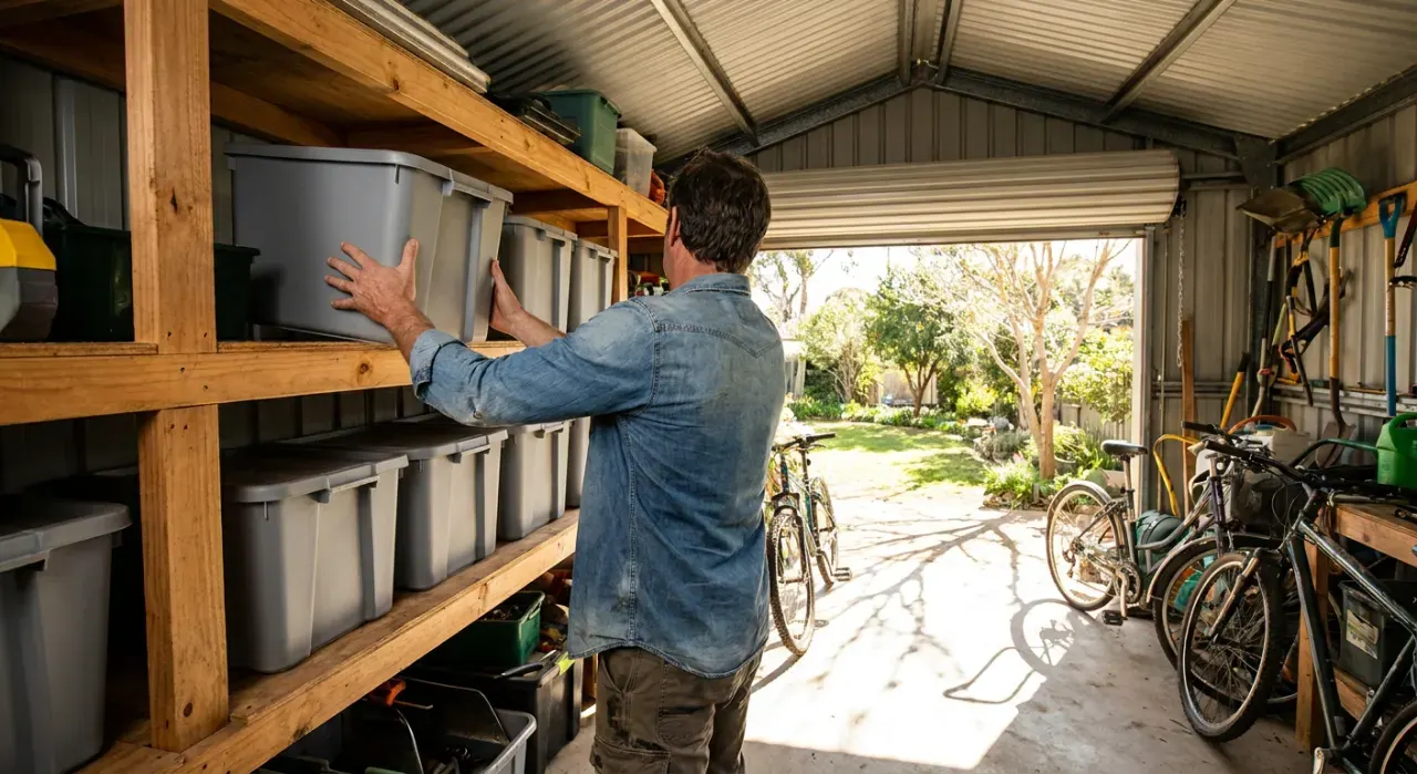 Wide view of a person stacking plain unmarked storage bins on garage shelving, in bright midday sun