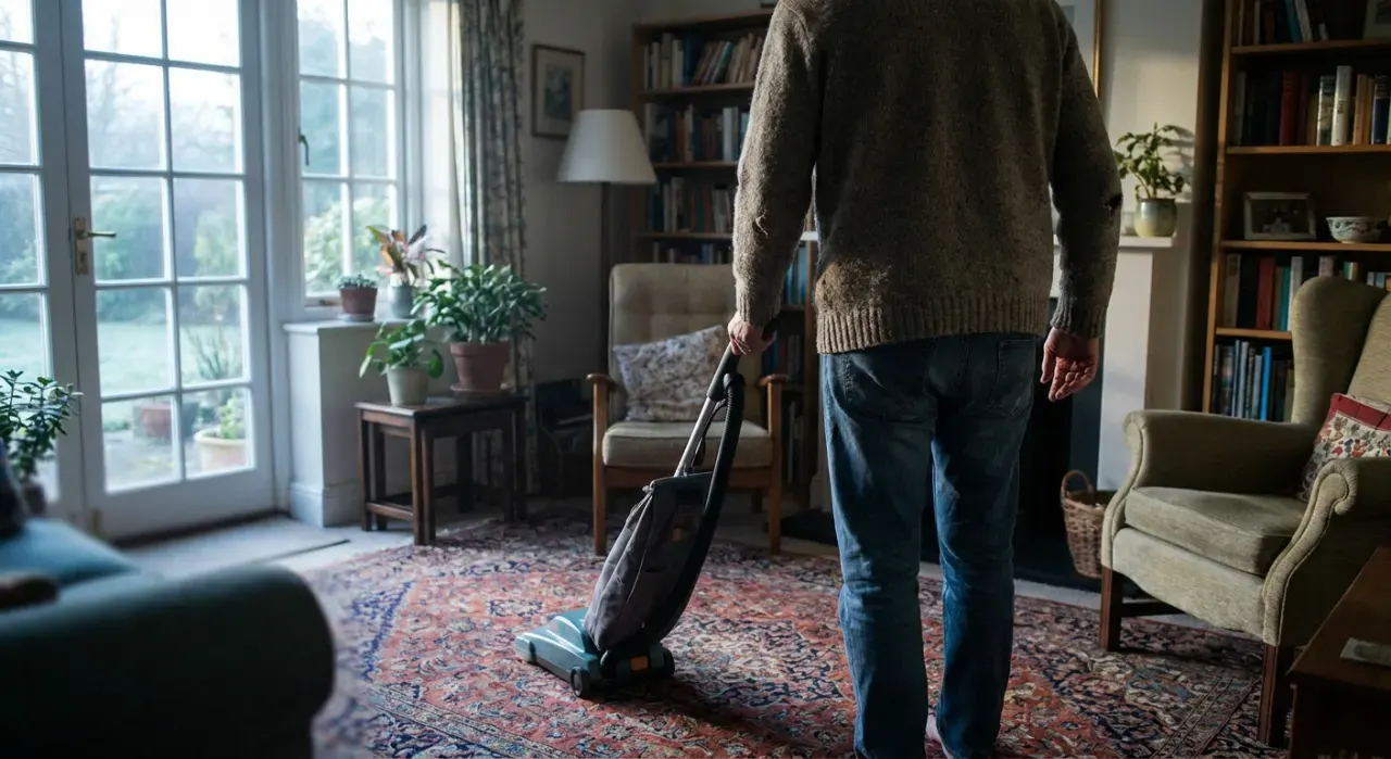 Wide view of a person vacuuming a living room rug, in soft early-morning light