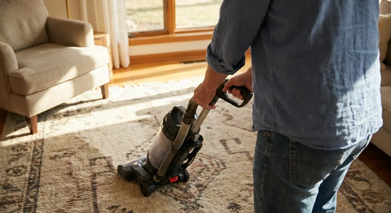 Over-the-shoulder view of a person vacuuming a living room rug, in bright midday sun