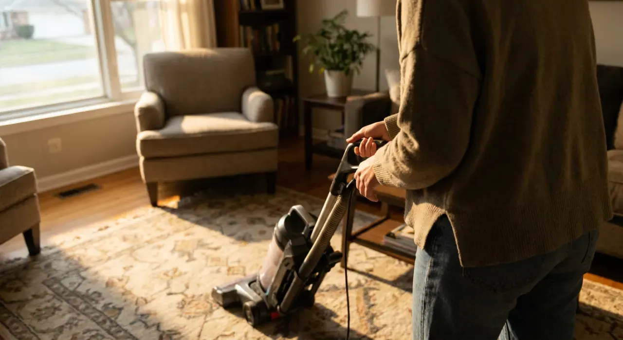 Three-quarter view of a person vacuuming a living room rug, in bright midday sun
