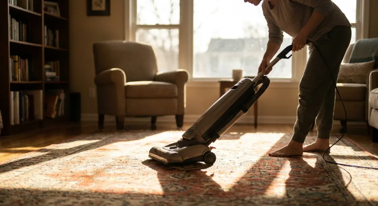 Low-angle view of a person vacuuming a living room rug, in bright midday sun