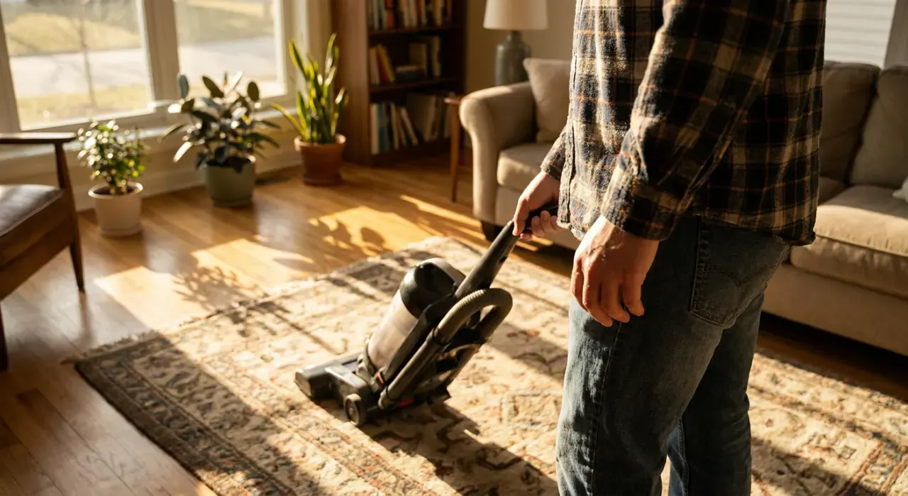 Golden-hour view of a person vacuuming a living room rug