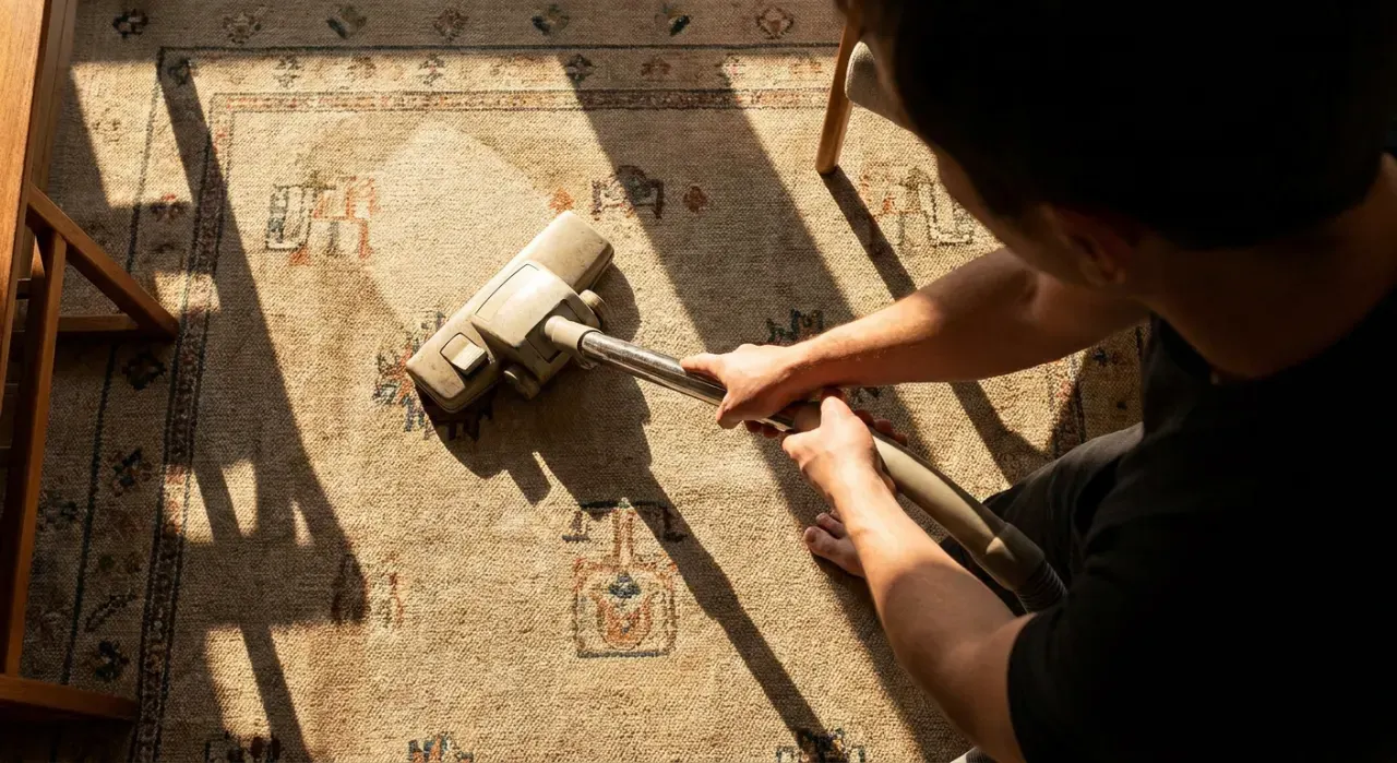 Overhead view of a person vacuuming a living room rug, in bright midday sun