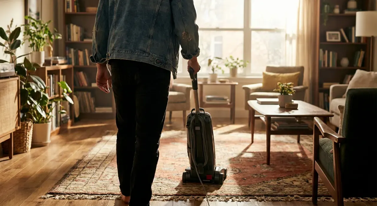 Wide environmental view of a person vacuuming a living room rug, in bright midday sun