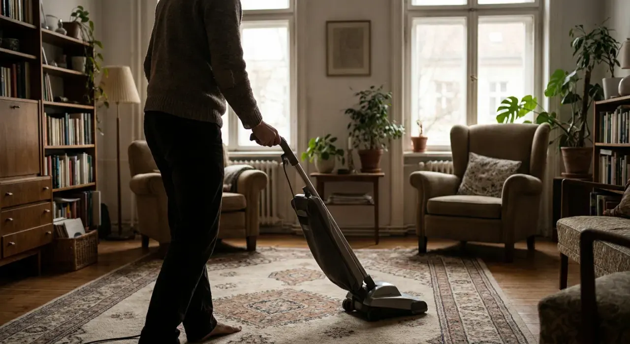 Wide view of a person vacuuming a living room rug, in soft overcast light