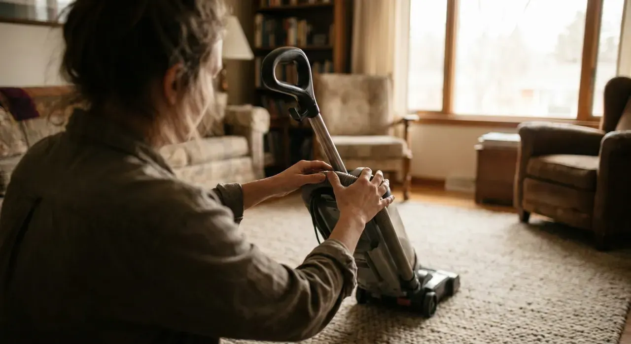Over-the-shoulder view of a person vacuuming a living room rug, in soft overcast light