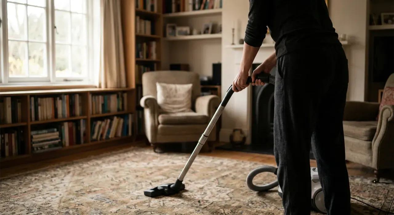 Three-quarter view of a person vacuuming a living room rug, in soft overcast light