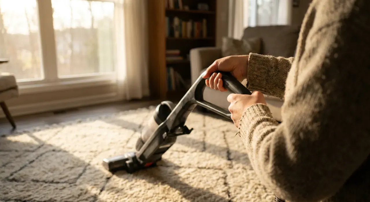 Over-the-shoulder view of a person vacuuming a living room rug, in soft early-morning light