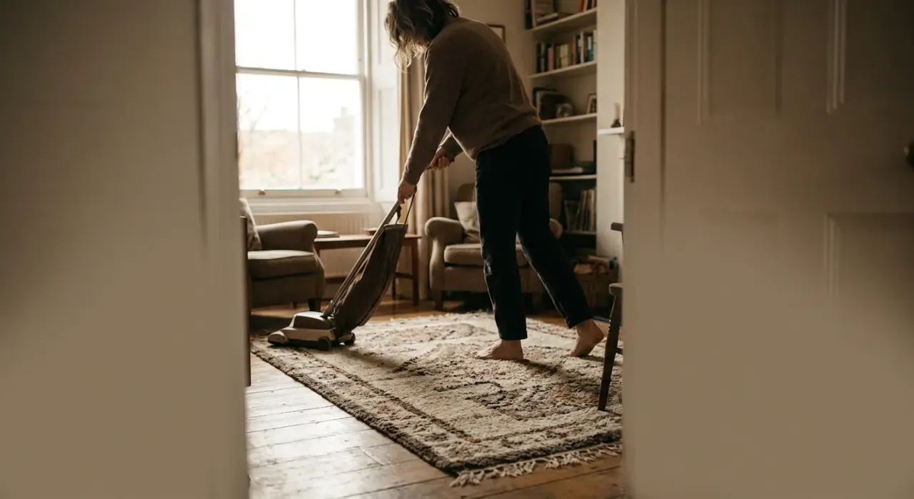 Low-angle view of a person vacuuming a living room rug, in soft overcast light
