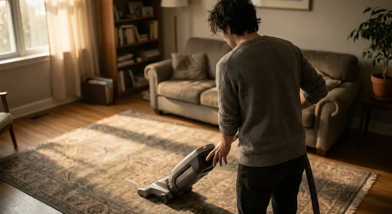 Golden-hour view of a person vacuuming a living room rug