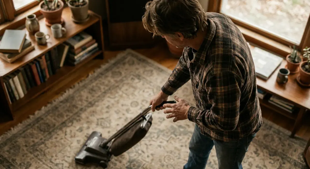 Overhead view of a person vacuuming a living room rug, in soft overcast light