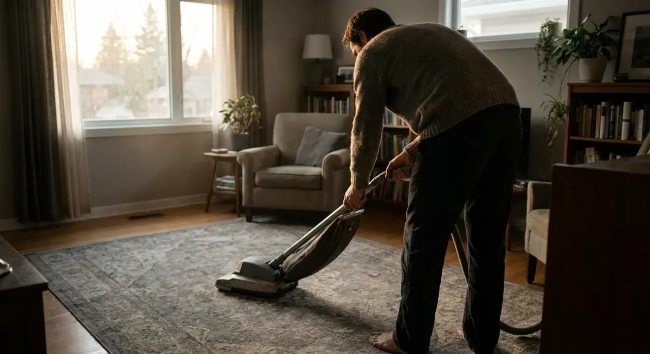 Wide environmental view of a person vacuuming a living room rug, in soft overcast light
