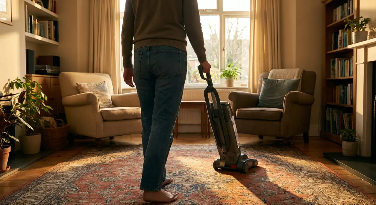 Wide view of a person vacuuming a living room rug, in warm late-afternoon light
