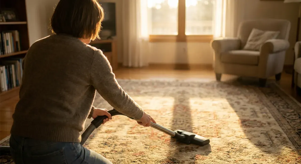Over-the-shoulder view of a person vacuuming a living room rug, in warm late-afternoon light