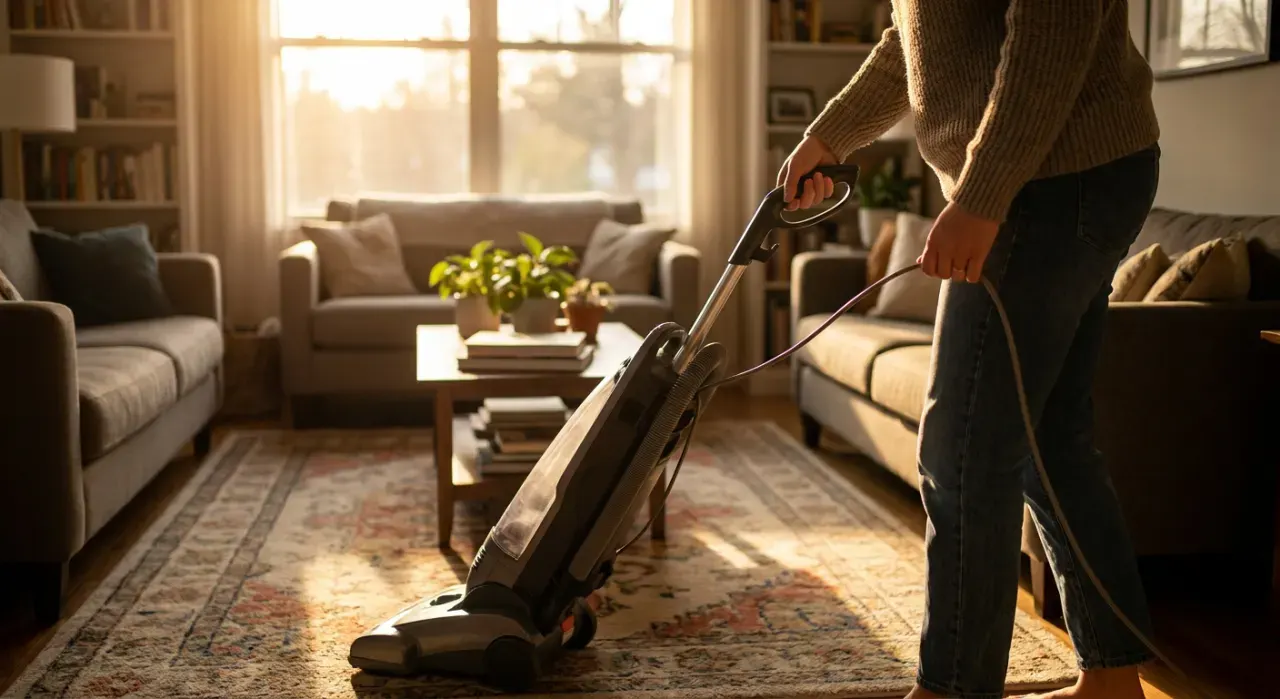 Three-quarter view of a person vacuuming a living room rug, in warm late-afternoon light