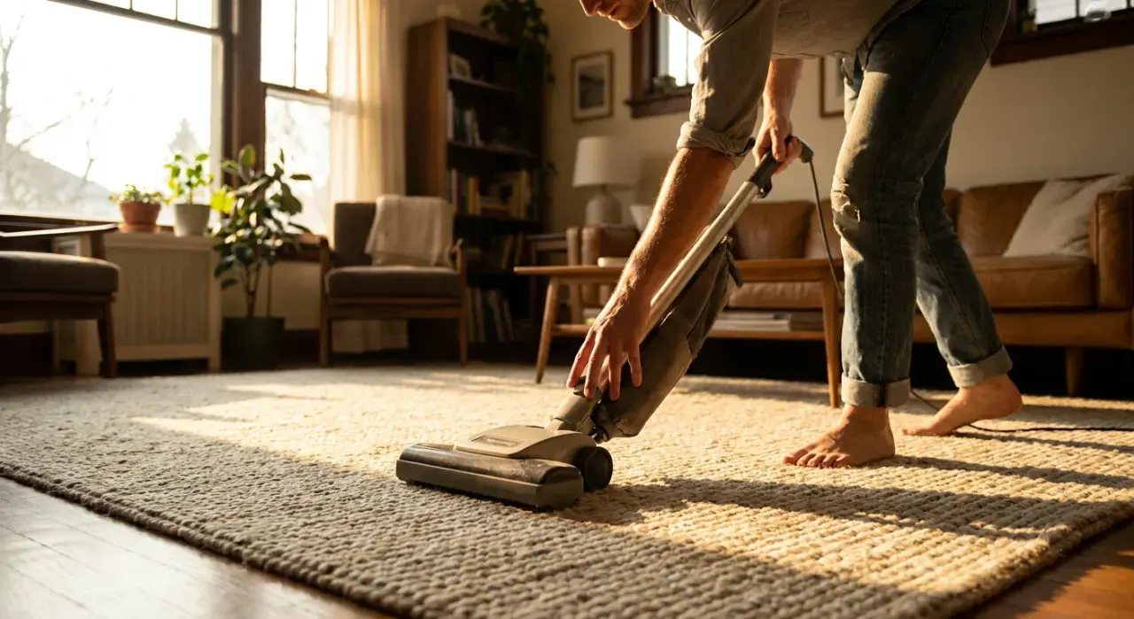 Low-angle view of a person vacuuming a living room rug, in warm late-afternoon light