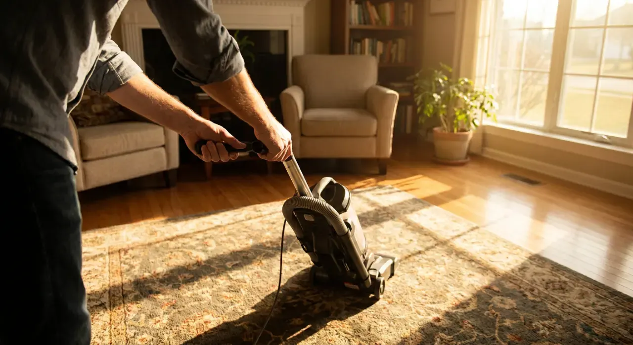 Golden-hour view of a person vacuuming a living room rug