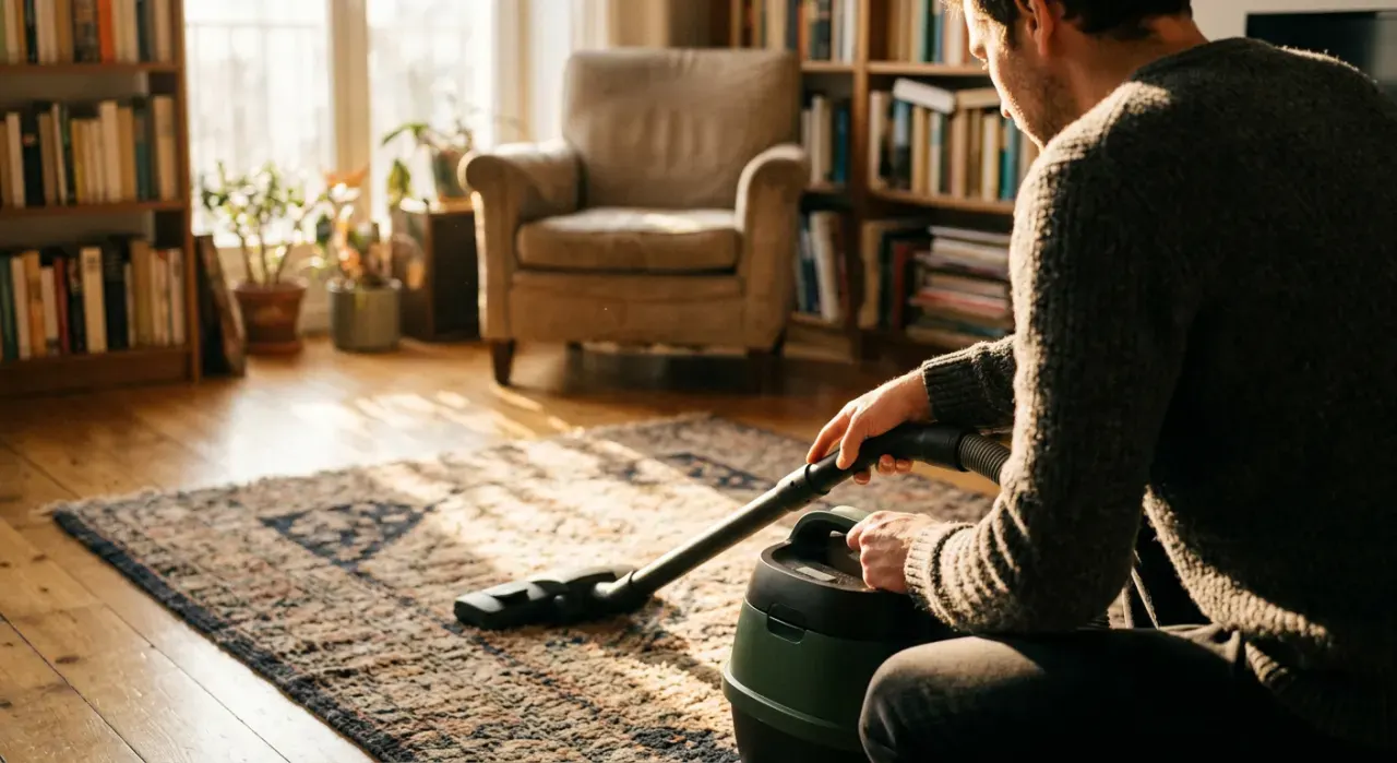 Three-quarter view of a person vacuuming a living room rug, in soft early-morning light