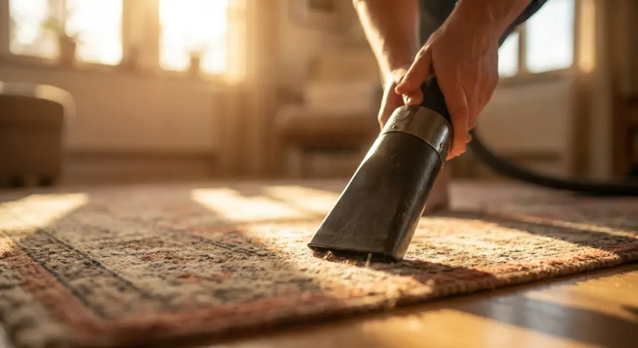 Close-up detail of the material being worked in a vacuums & floor care project, in warm late-afternoon light