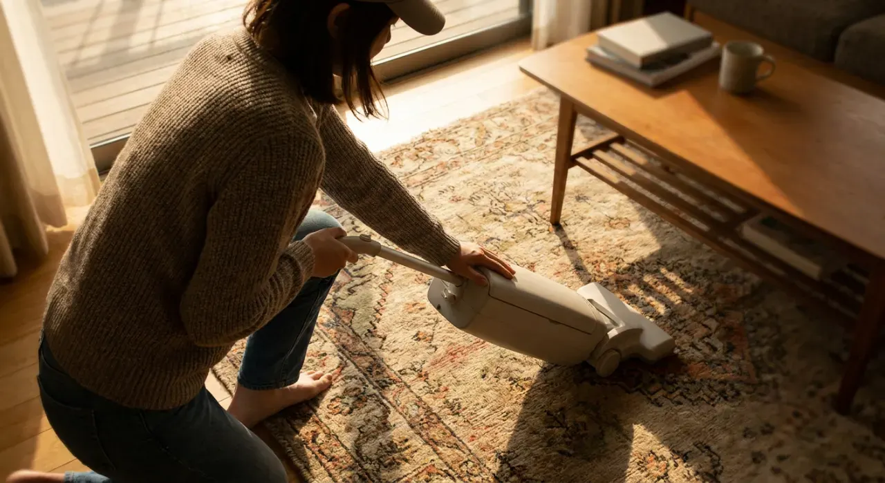 Overhead view of a person vacuuming a living room rug, in warm late-afternoon light