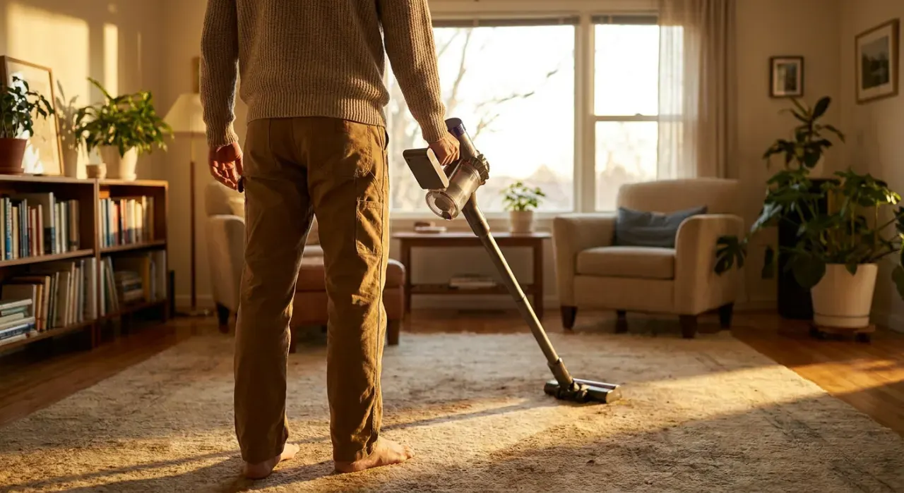 Wide environmental view of a person vacuuming a living room rug, in warm late-afternoon light