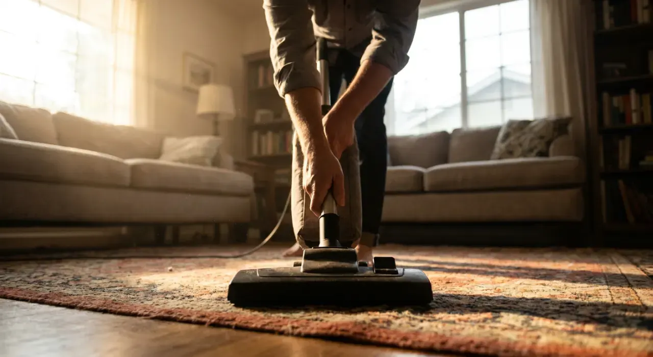 Low-angle view of a person vacuuming a living room rug, in soft early-morning light