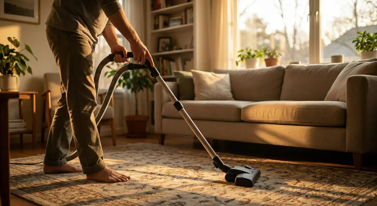 Golden-hour view of a person vacuuming a living room rug