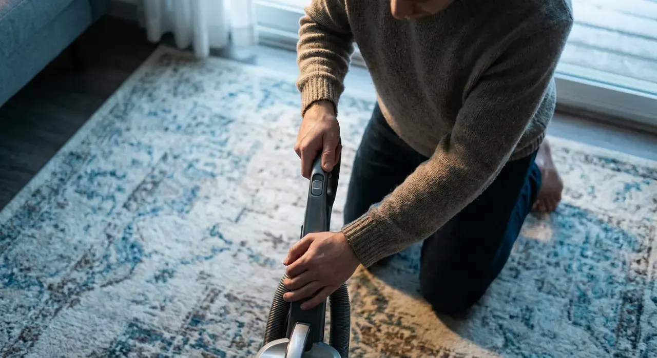 Overhead view of a person vacuuming a living room rug, in soft early-morning light