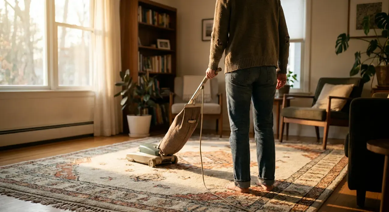 Wide environmental view of a person vacuuming a living room rug, in soft early-morning light