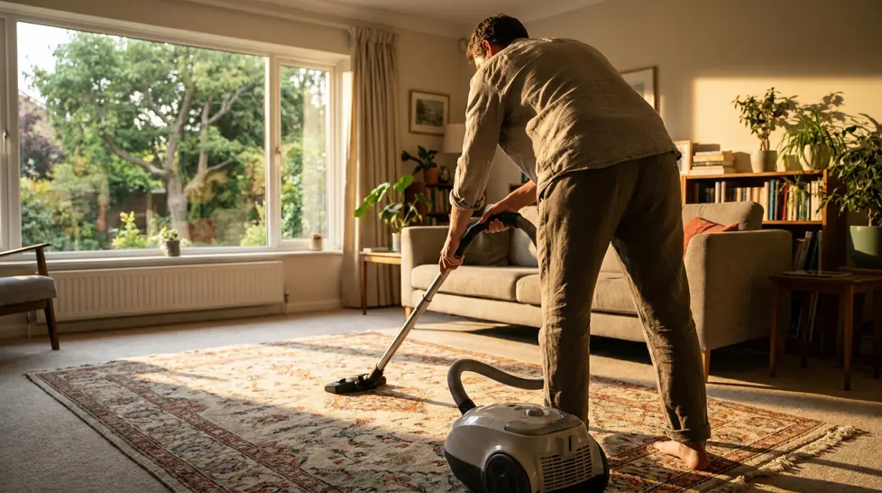 Wide view of a person vacuuming a living room rug, in bright midday sun