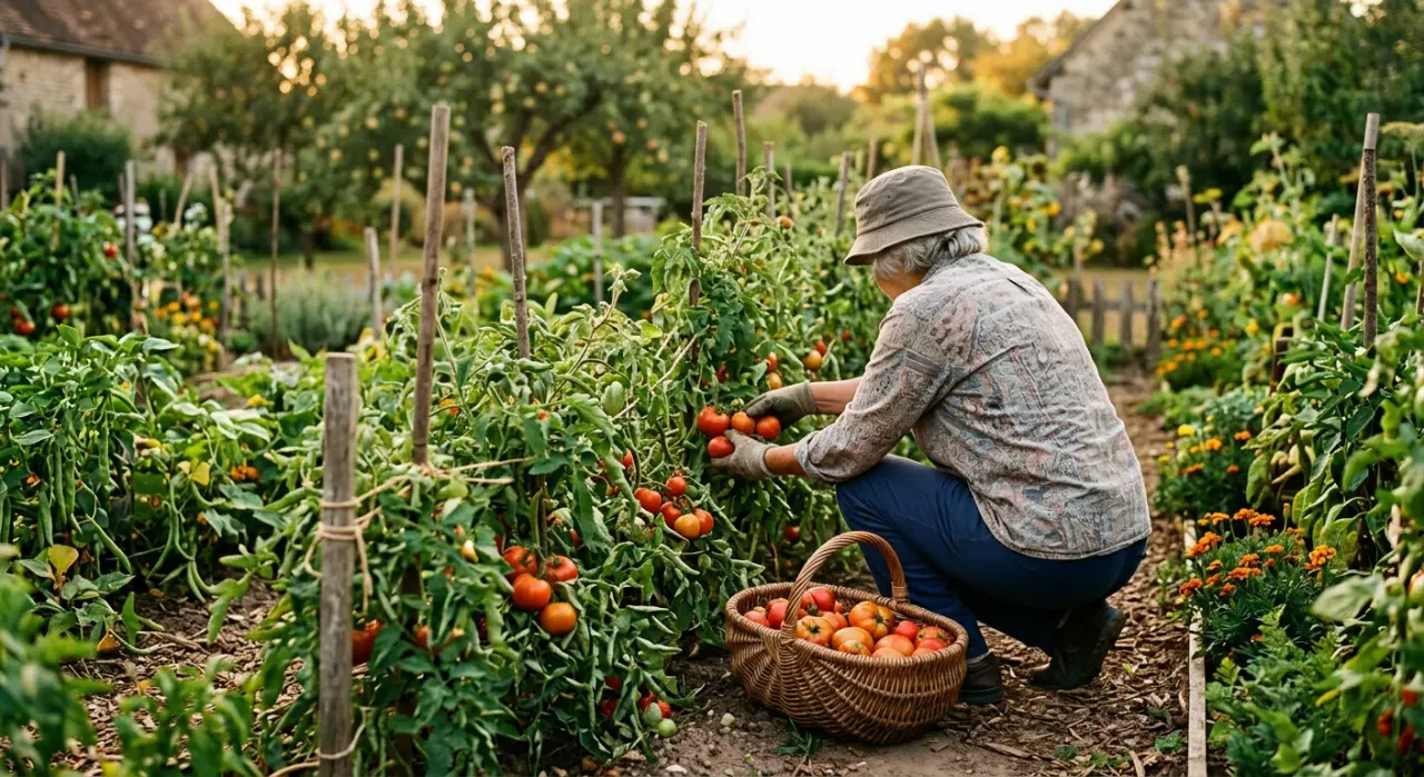 A home gardener picking ripe tomatoes into a basket in a backyard vegetable garden