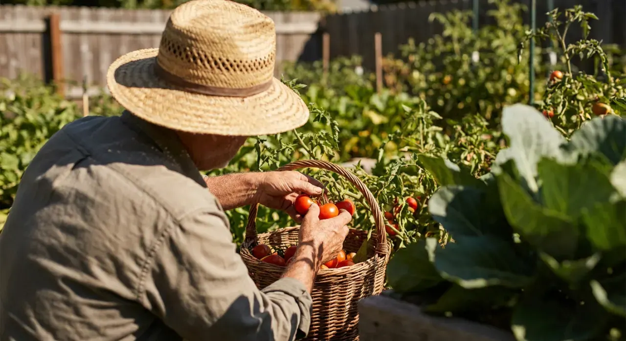 Over-the-shoulder view of a person harvesting ripe tomatoes into a basket in a backyard vegetable garden, in bright midday sun
