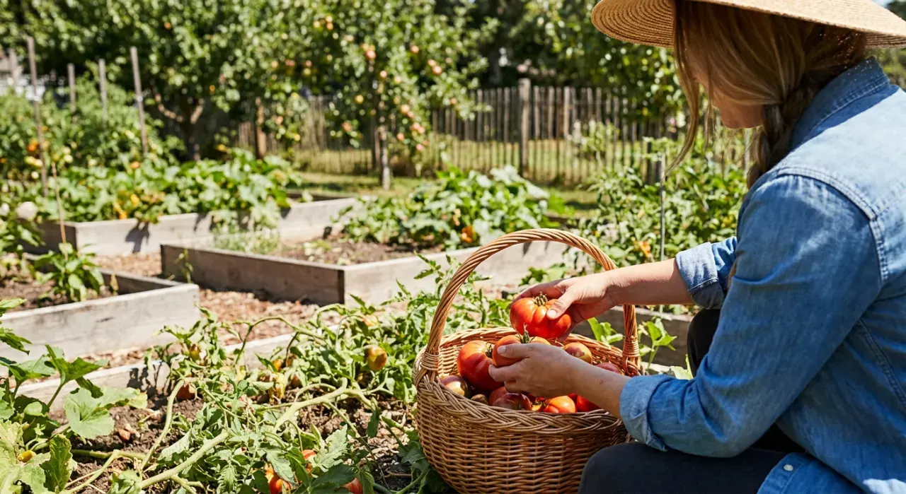 Three-quarter view of a person harvesting ripe tomatoes into a basket in a backyard vegetable garden, in bright midday sun