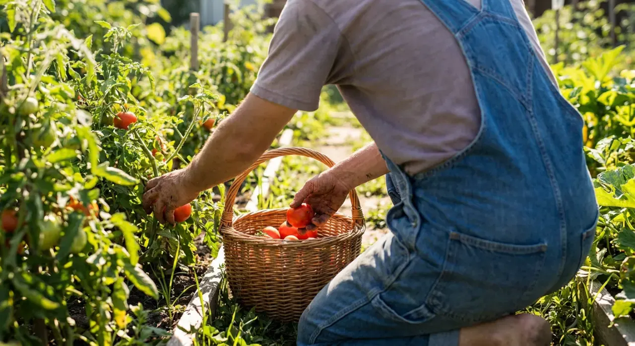 Low-angle view of a person harvesting ripe tomatoes into a basket in a backyard vegetable garden, in bright midday sun